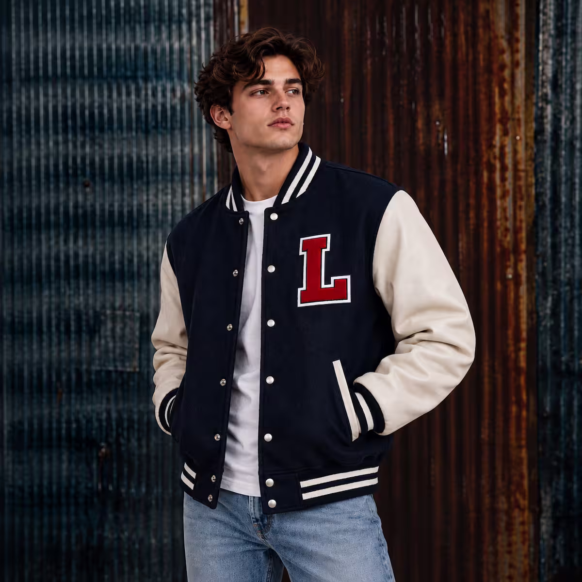 Man wearing custom navy and cream varsity letterman jacket with red L chevron patch