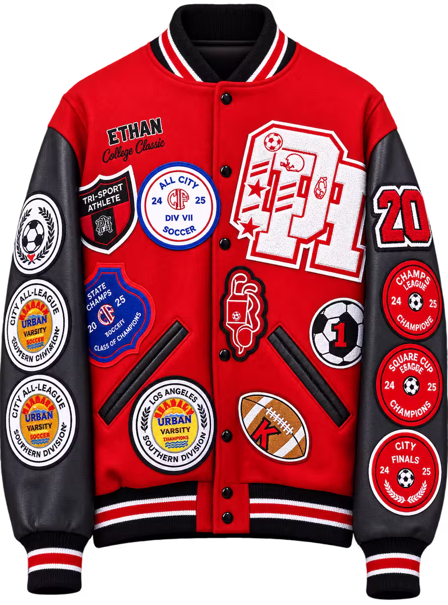 Red and black varsity letterman jacket covered in custom chenille patches embroidered letter and sleeve number for a soccer athlete